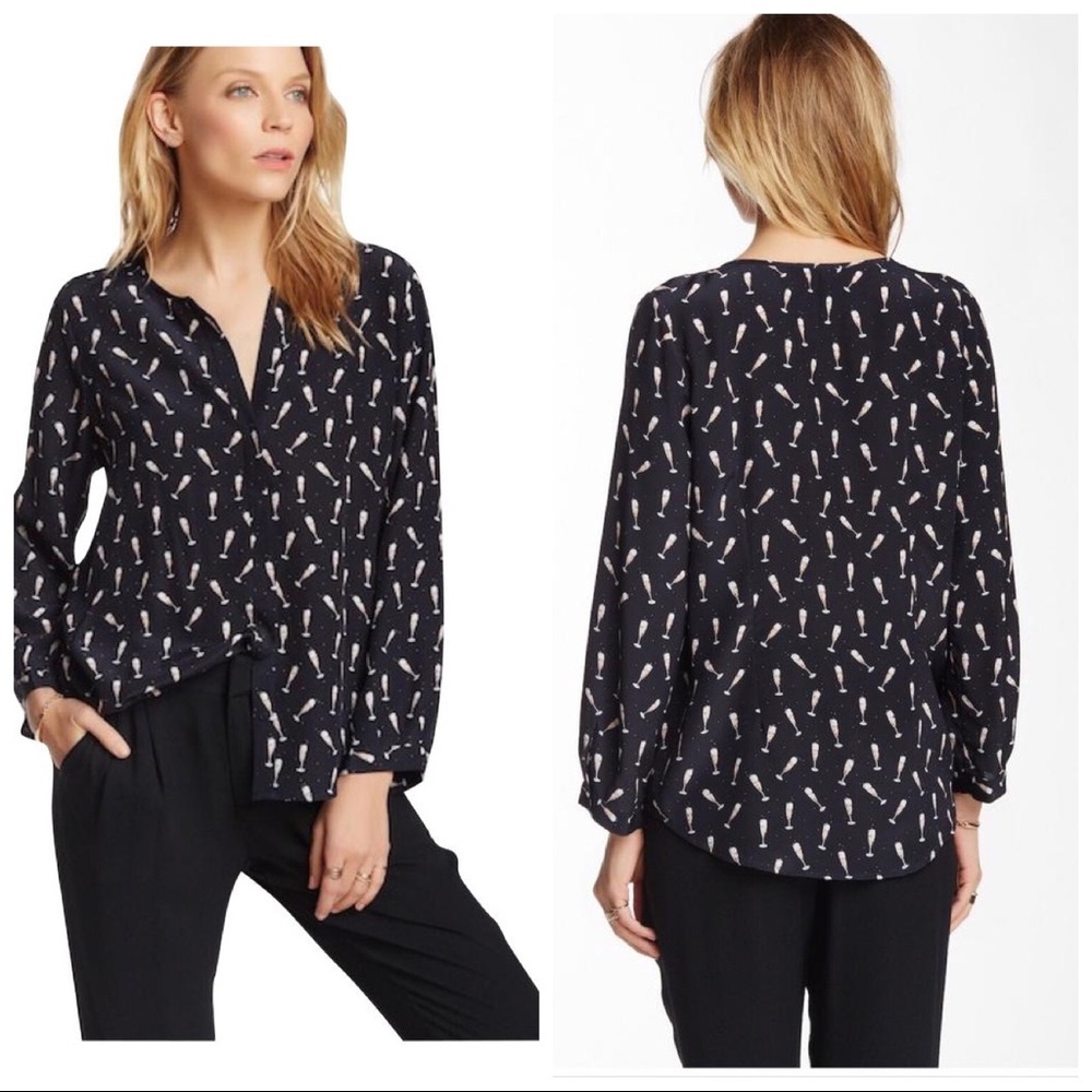 Joie Purine Champagne Print 100% Silk Black Blouse Size Medium $268